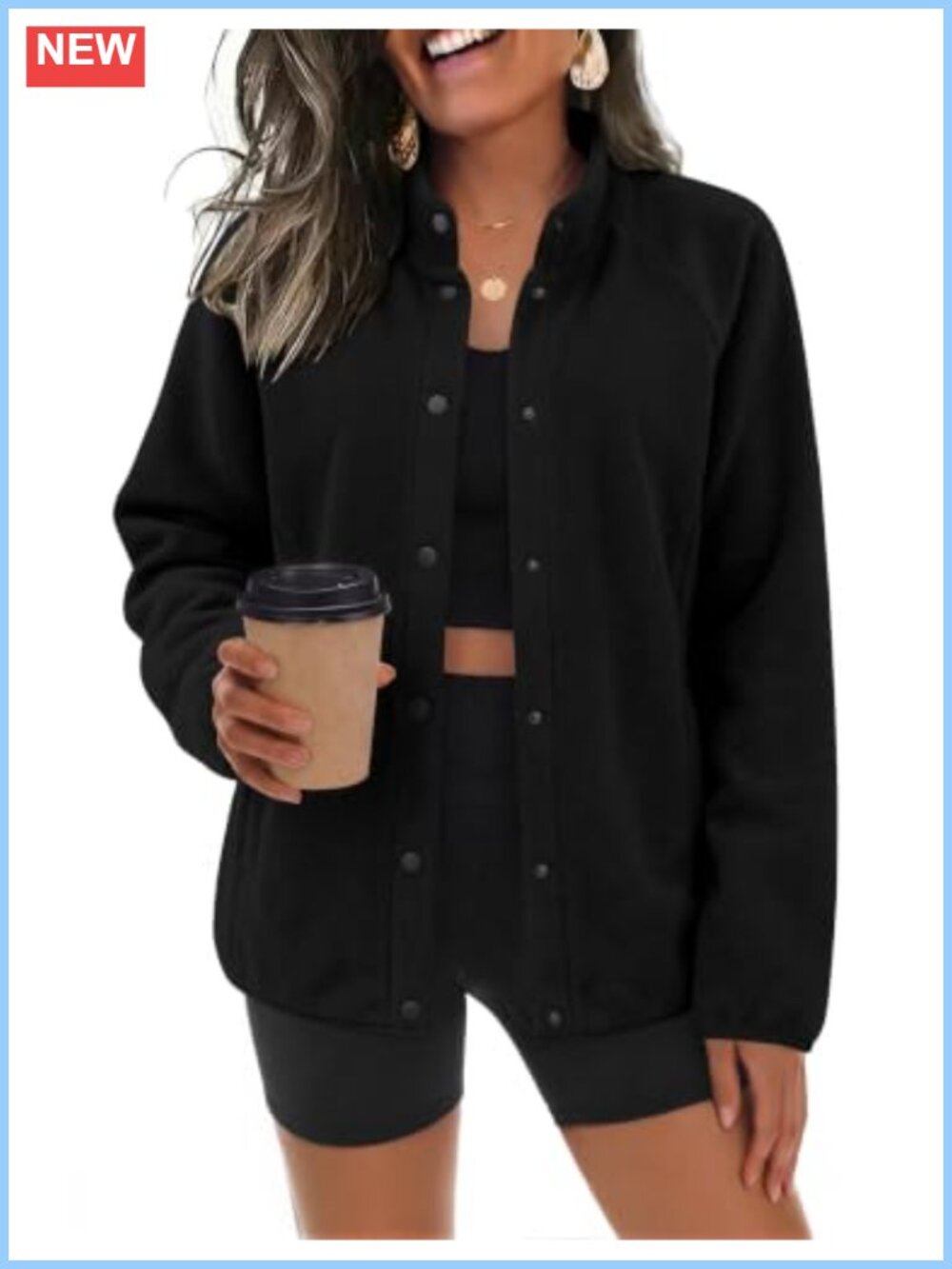 Women's Fleece Jacket Button-Up Stand Collar with Pockets Regular Fit Warm